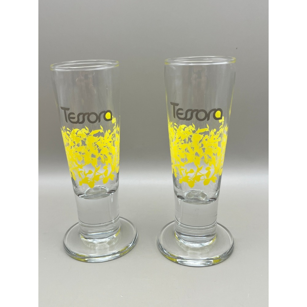 Tessora Tall Shot Glasses Set of 2 Yellow Floral Leaf Footed Pedestal 4.75" 2 oz